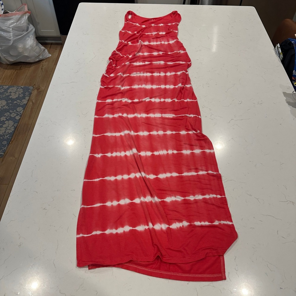 Isabel Maternity Red White Tie Dye Ruched Side Slit Maxi Dress Medium